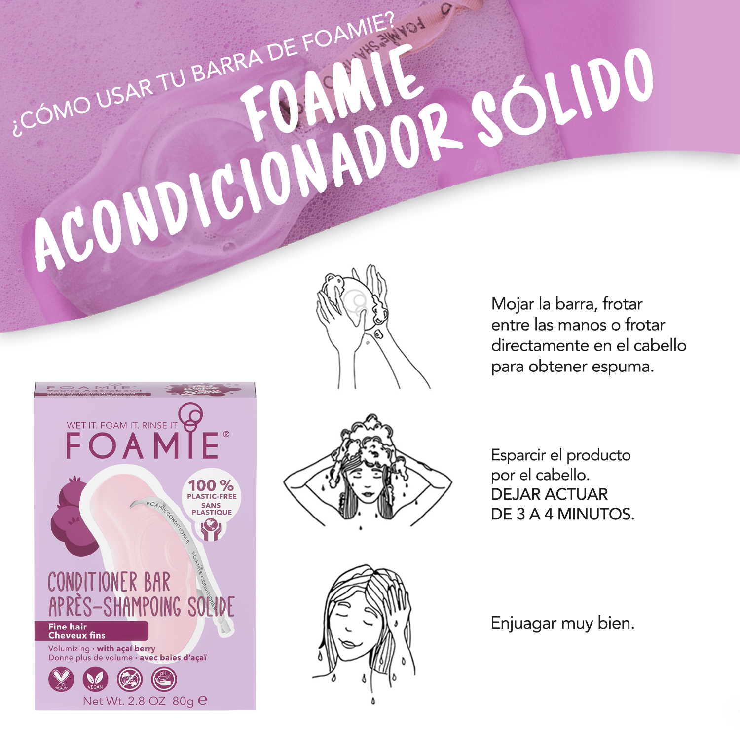 Shampoo y Acondicionador en barra de açaí berry para cabello delgado & Jabón corporal de papaya - Foamie