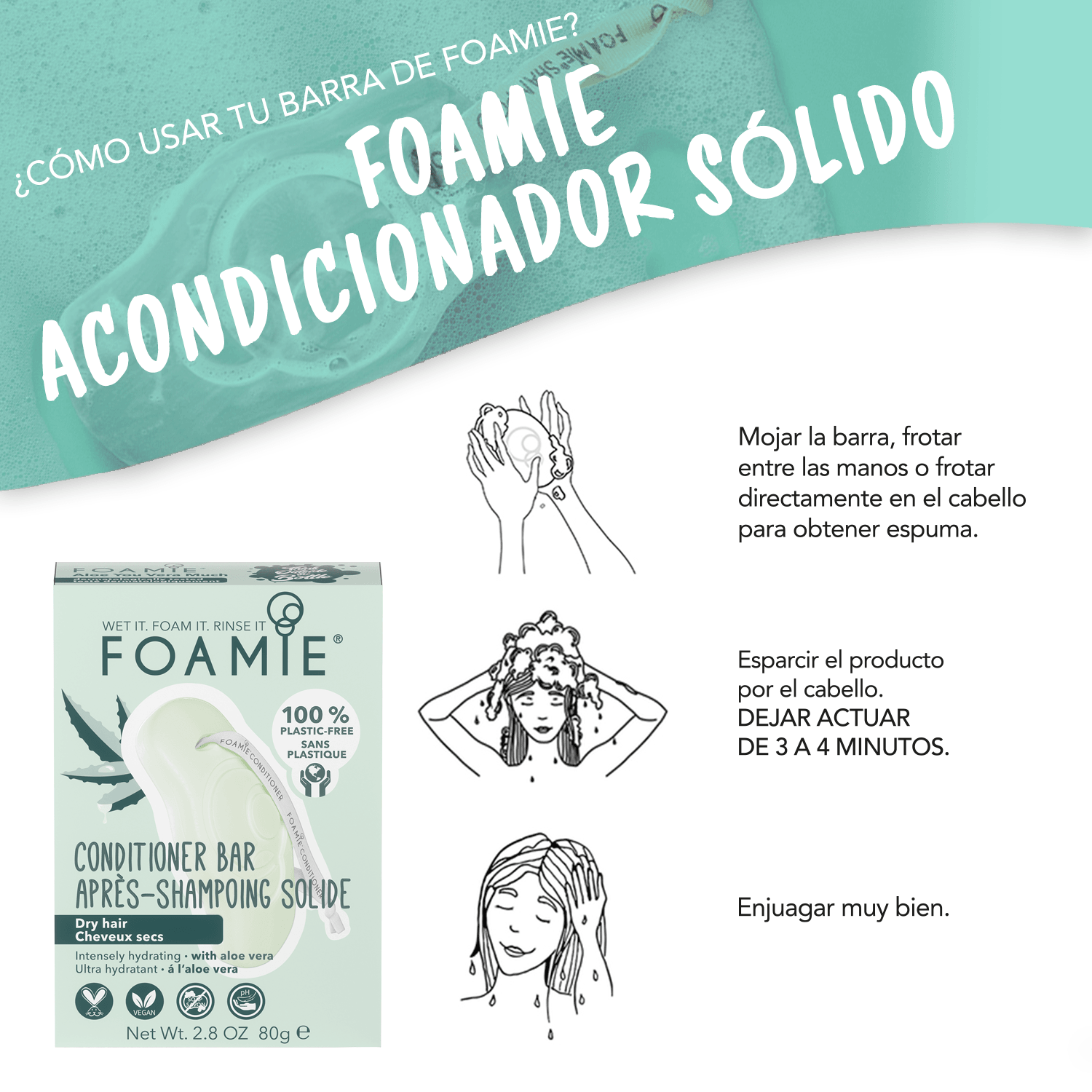 Shampoo y Acondicionador en barra de aloe vera para cabello seco y cabello rizado & Jabón corporal de menta - Foamie