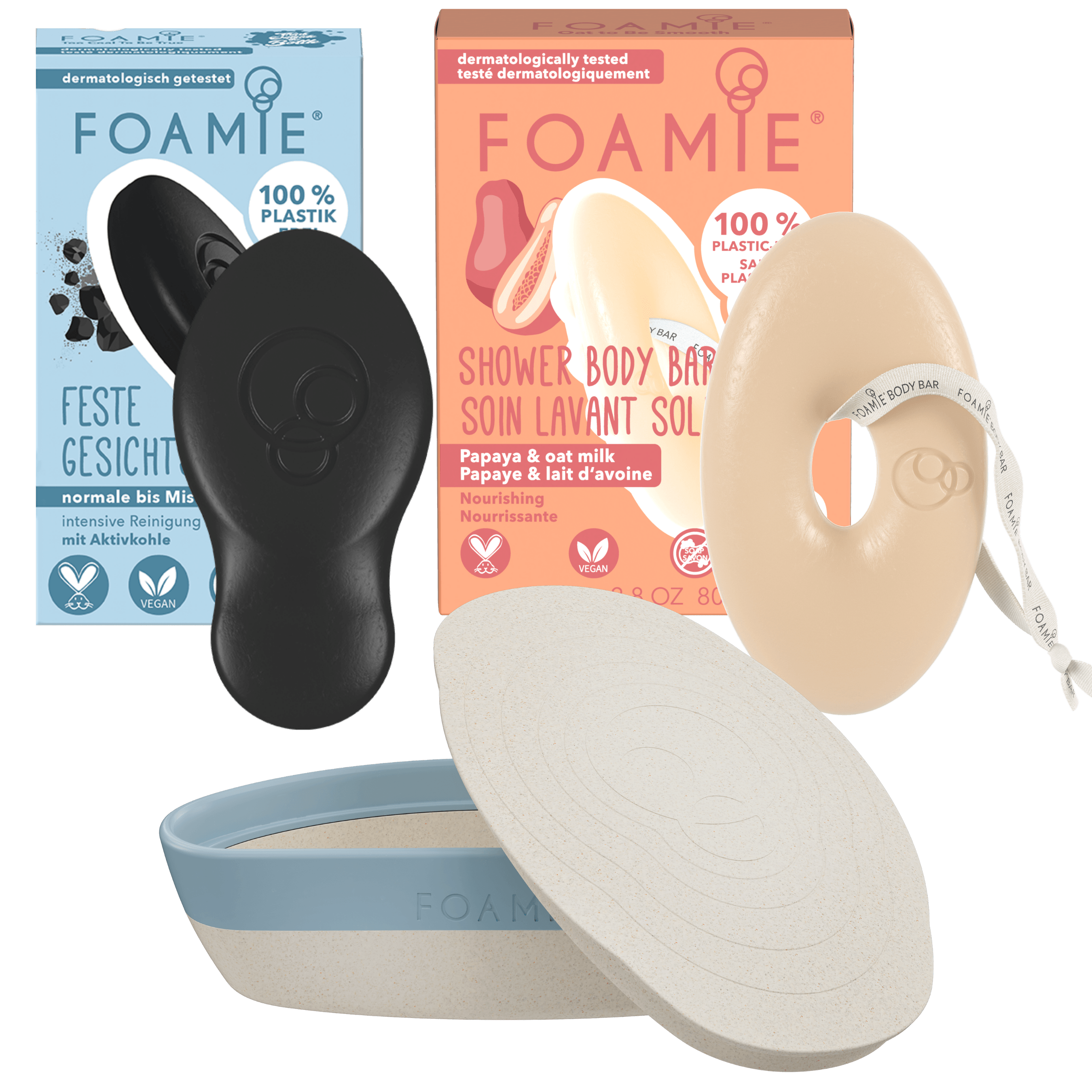 Kit de jabón para cara y cuerpo de Carbón & Papaya con Jabonera sustentable - Foamie