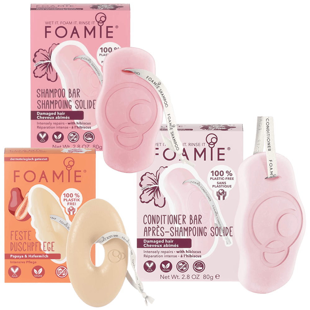 Shower Kit de shampoo y acondicionador de Flor de Jamaica & jabón para el cuerpo de Papaya - Foamie