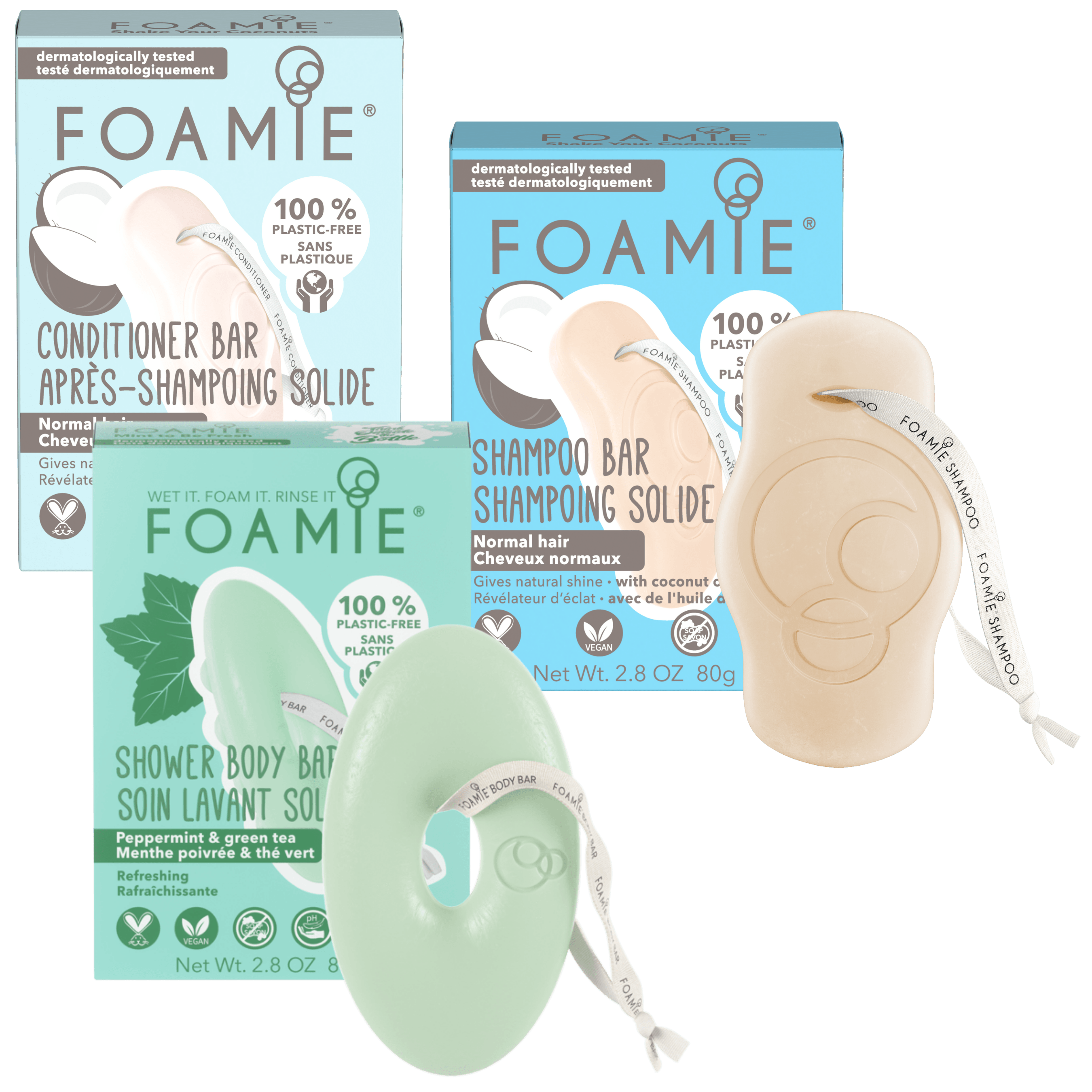 Shower Kit de shampoo y acondicionador en barra de coco & jabón para el cuerpo de menta