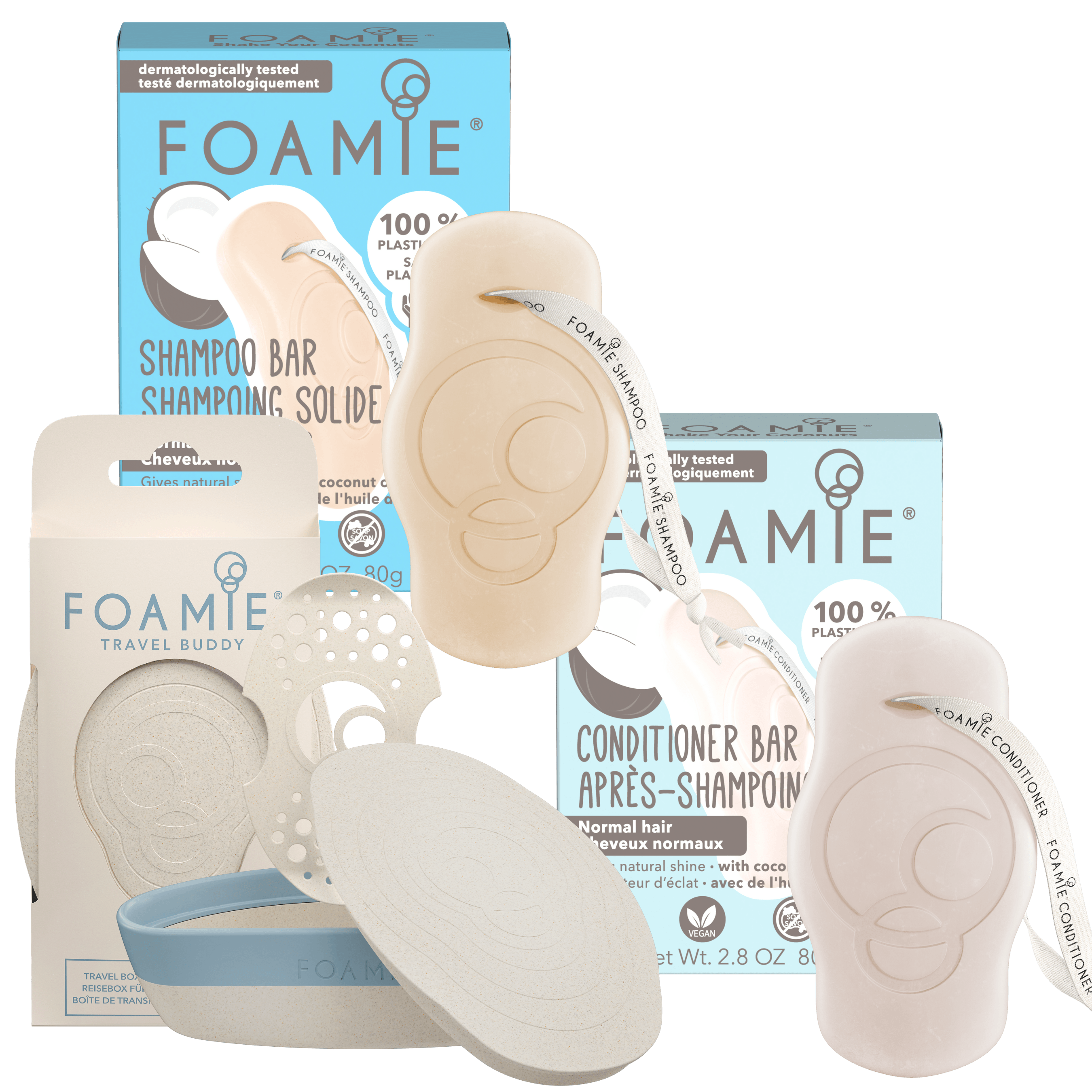 Kit Shampoo y Acondicionador de Coco con Jabonera sustentable - Foamie